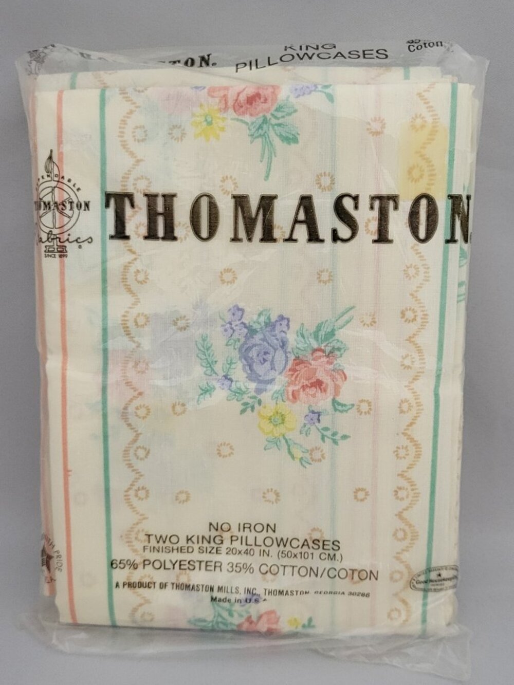 Vtg NOS Thomaston 2 King Pillowcases Floral Swiss Bouquet Scallop Eyelet Striped